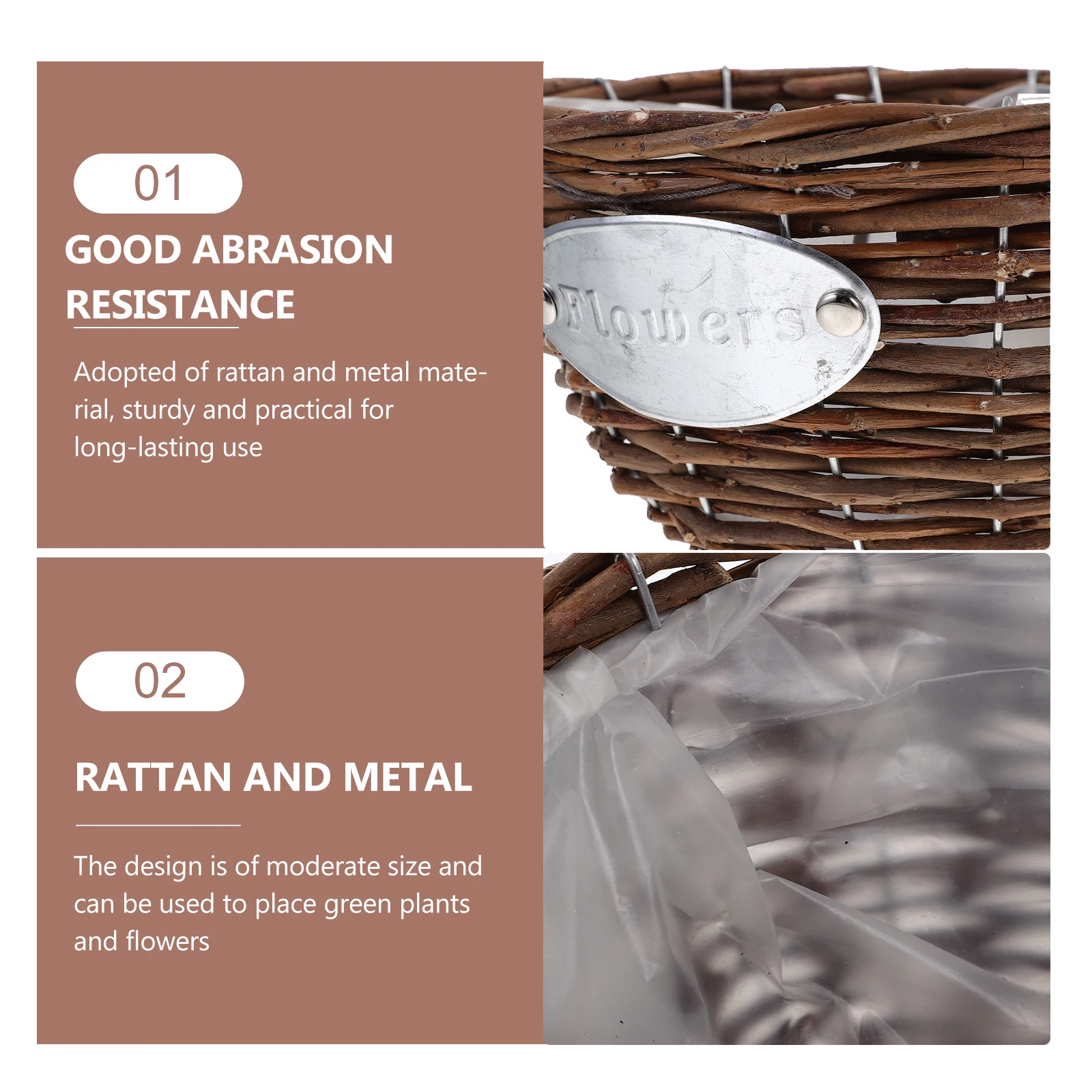 

2Pcs Woven Hanging Flower Pot Basket Rattan Metal Plant Holder Suitable Indoor Outdoor Balcony Garden Decoration