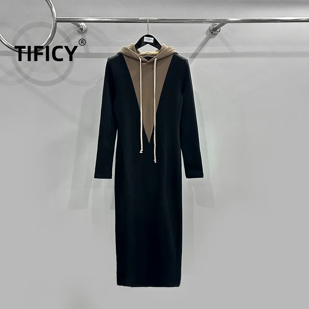 

TIFICY High Street Cotton Women's Spring/summer Knitted Sweatshirt with V-shaped Hooded Black Gray Jumpsuit Slimming Long Dress