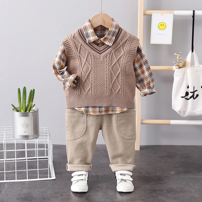 New Spring Autumn Kids Fashion Korean Checkered Knitted V-neck Sweater Tank Shirt Pants Three Piece Set for Boys And Girls