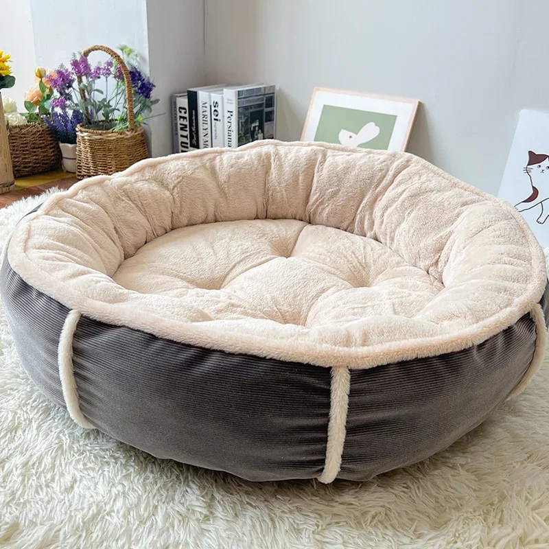 

High standard custom artificial fur warm and comfortable round natural plush multi-size cat and dog bed