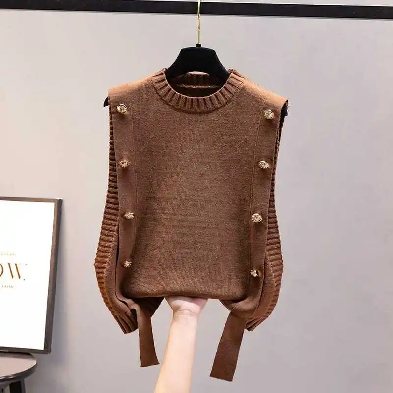 

O-neck Knitted Vest Women's Sweater Autumn and Winter New Korean Loose Buttons Sweater Vests Sleeveless Sweaters 2024 N03