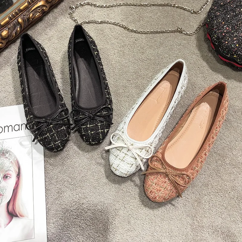 Women Shoes Sweet Bowknot Ballet Flats Lady Luxury Tweed Pumps Comfortable Round Toe Slip-on Scoop Shoes Soft Sole Casual Shoes