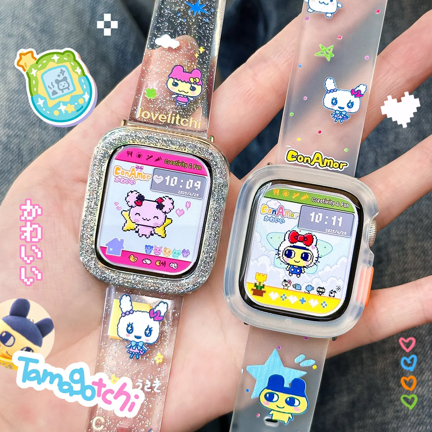

ConAmor Apple Watch Band Cute Tamagotchi Pattern Matte Glitter Clear Compatible With Apple Watch Series 7 8 9 SE