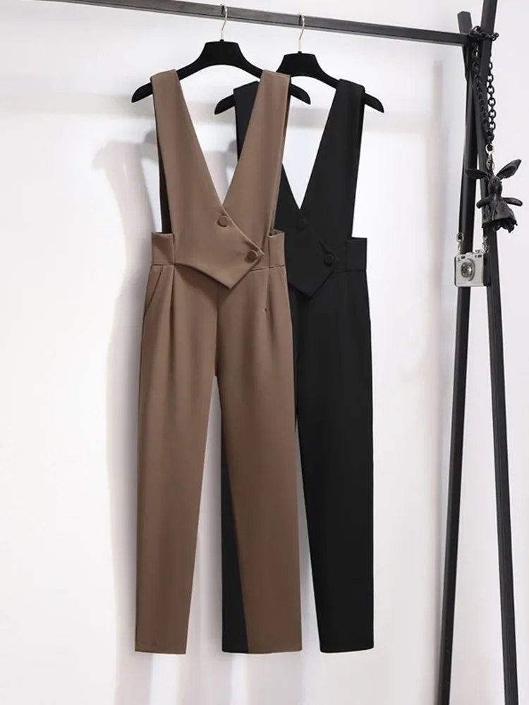 

Faionable High Waist Bib Overalls Women's Korean Sle Slimming Capri Jumpsuit Spring 2024 Commute Trend Other Material