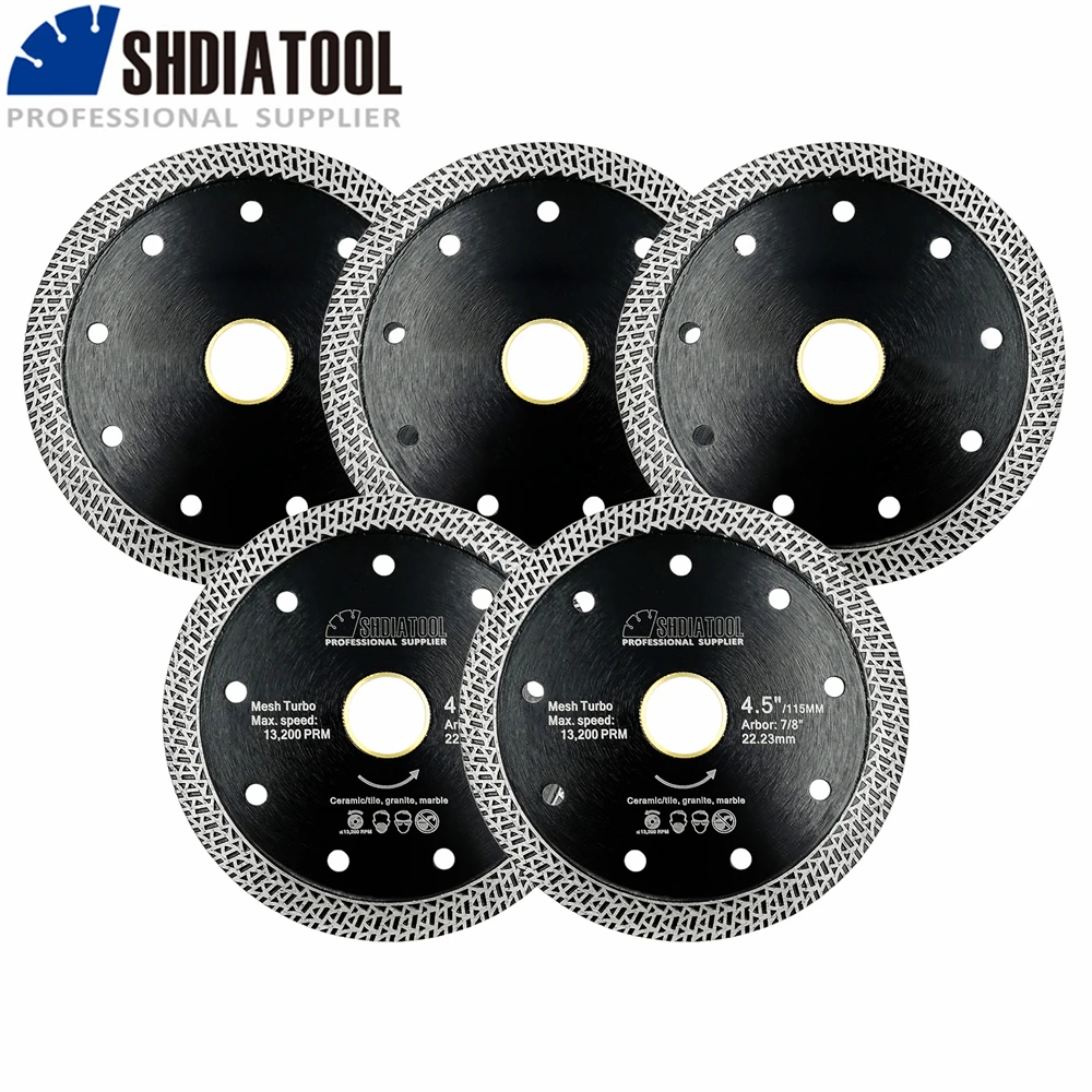 SHDIATOOL 5Pcs 4-1/2-Inch Mesh Turbo Diamond Saw Blade Cutting Disc for Porcelain Ceramic Tile Granite Dia115mm Diamond Cut Disc