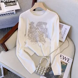 Stylish Vintage Embroidery Sweater For Women Elegant Fashion Ladies Knitwear Tops 2024 Autumn Long Sleeve O-neck Jumpers Femme