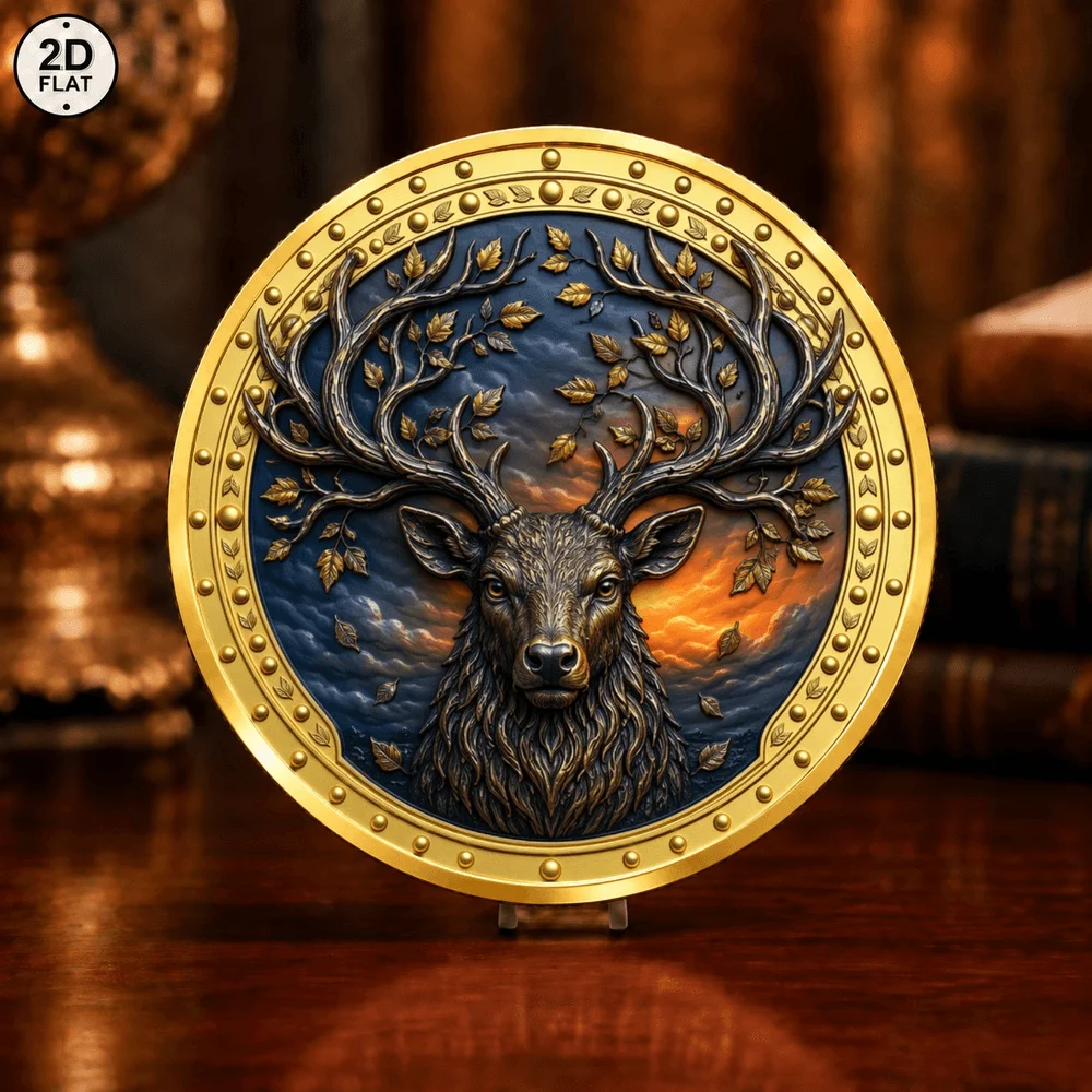 1pc Forest Wildlife Deer Stag Art Commemorative Coin UV Print Tree of Life Metal Challenge Coin Keepsake Gift for Nature Lovers