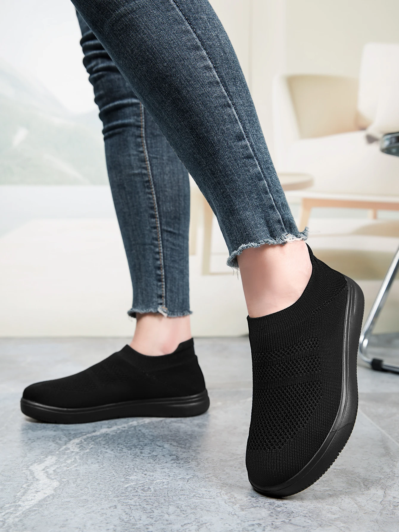 Damen-Socken-Sneaker, Slip-On, atmungsaktive Flying-Knit-Schuhe, weich, rutschfest, leicht, flache Walking-Loafer, Damen-Büro- und Alltagsschuhe – Detail 4