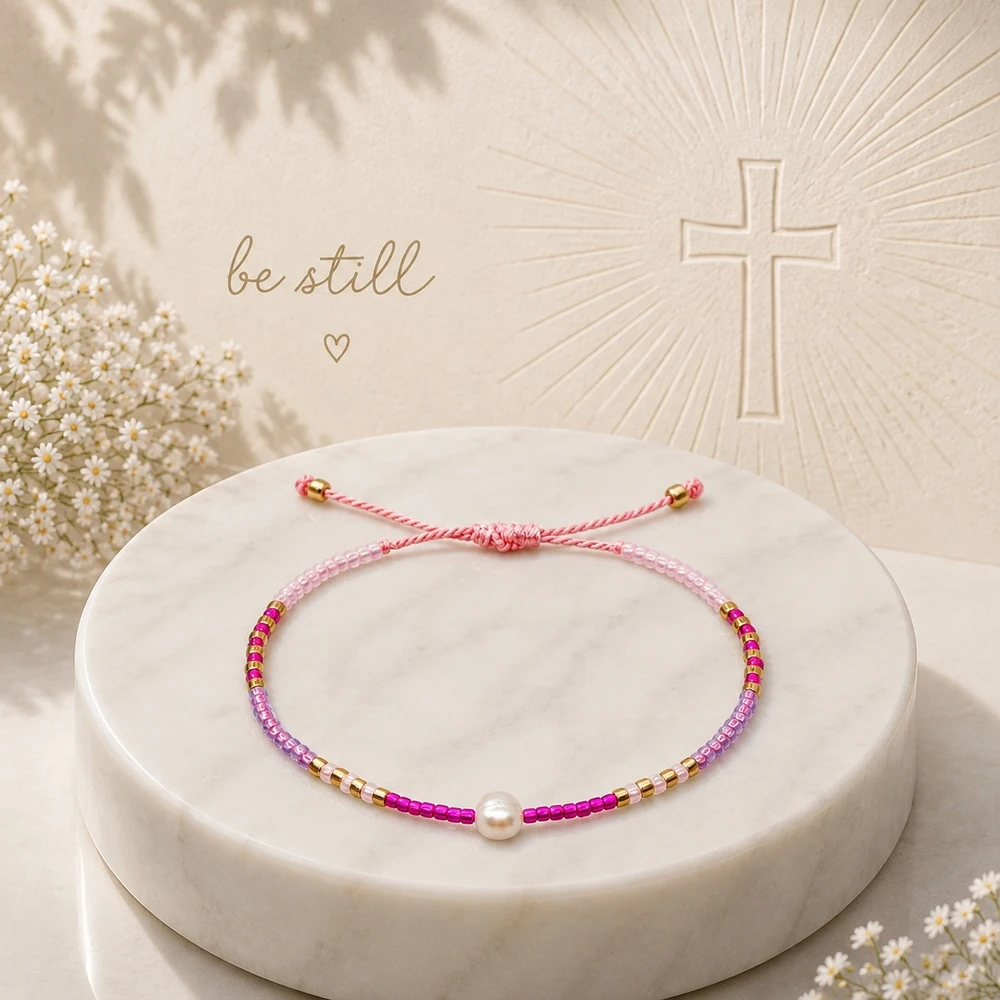1pc Women's Cute Pink and Purple Glass Beaded Strand Bracelet with Center Round Bead Adjustable Lace-Up Closure