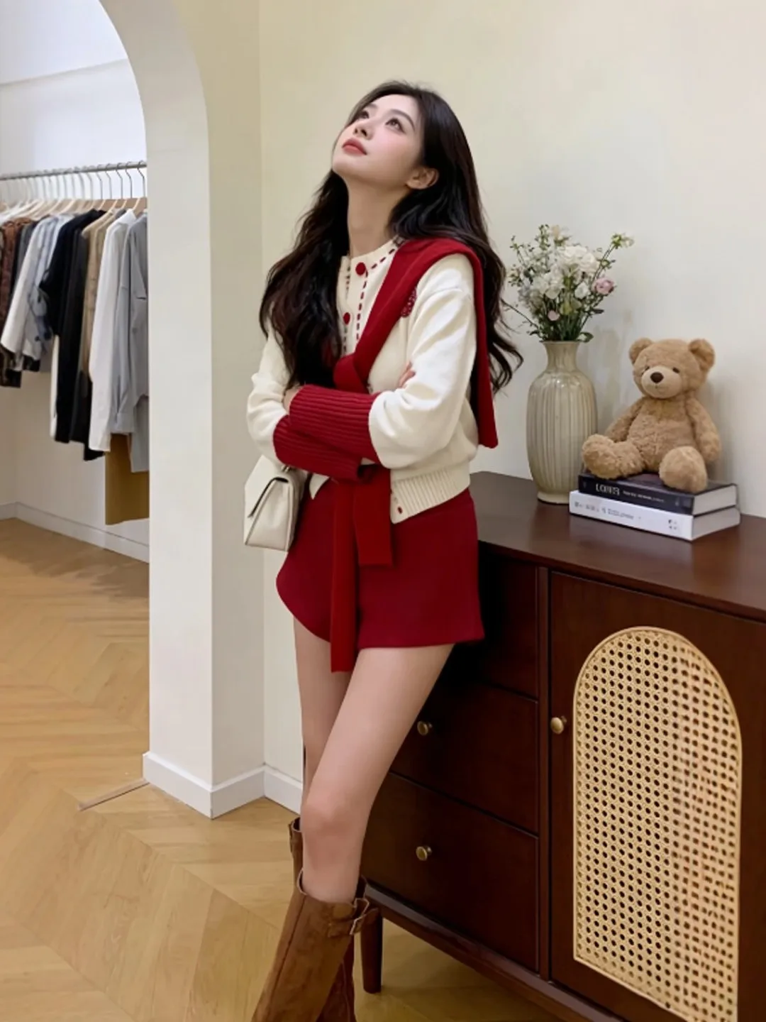 

Spring Festival Red Sweater And orts Set Gentle Sle Women's Faion Ensemble High Waist Cotton Lined Elastied Fit