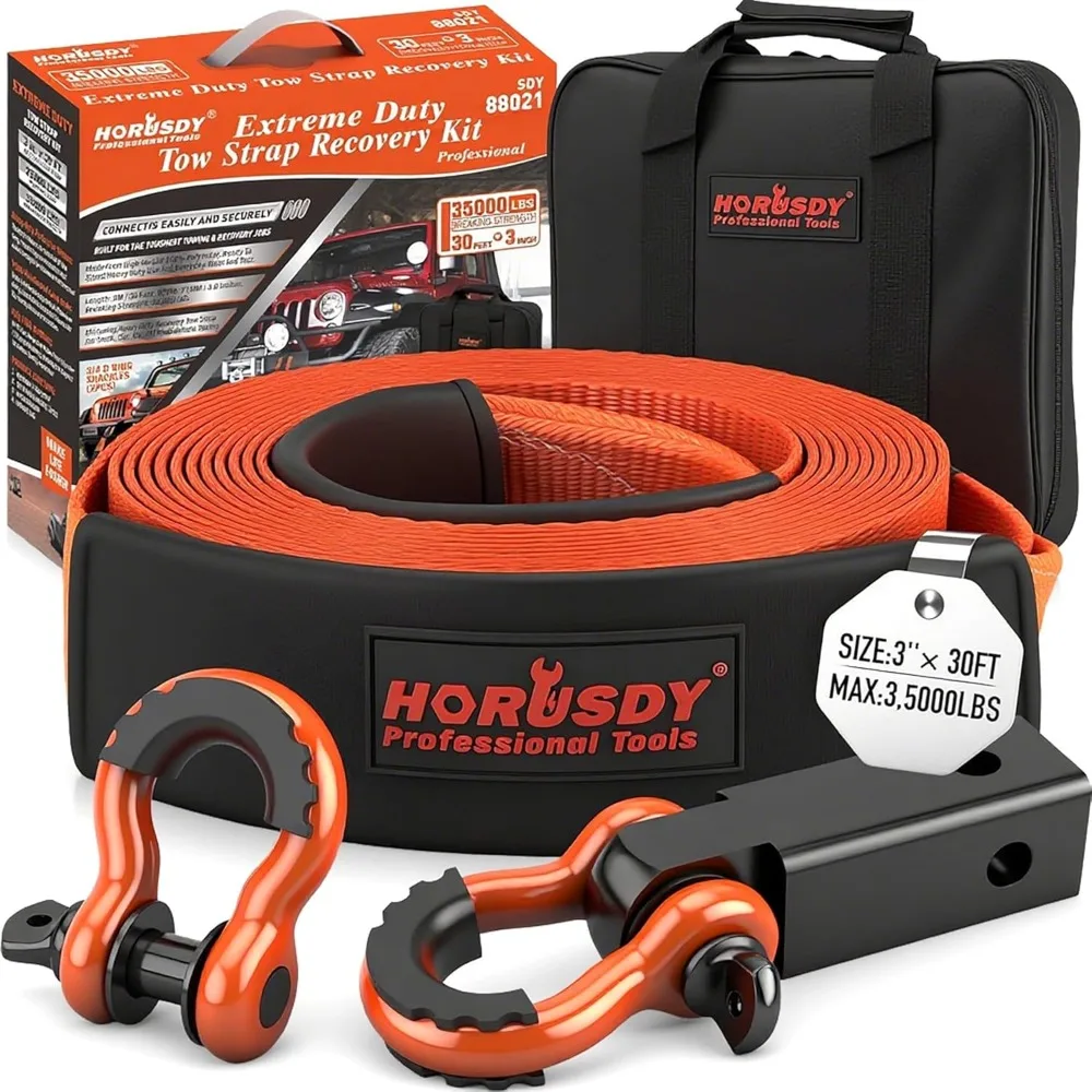 

Heavy Duty 3" x 30Ft Tow Strap with Hooks, 35,000 LBS Strength, Includes Shackle Receiver & D Rings for Vehicle Recovery