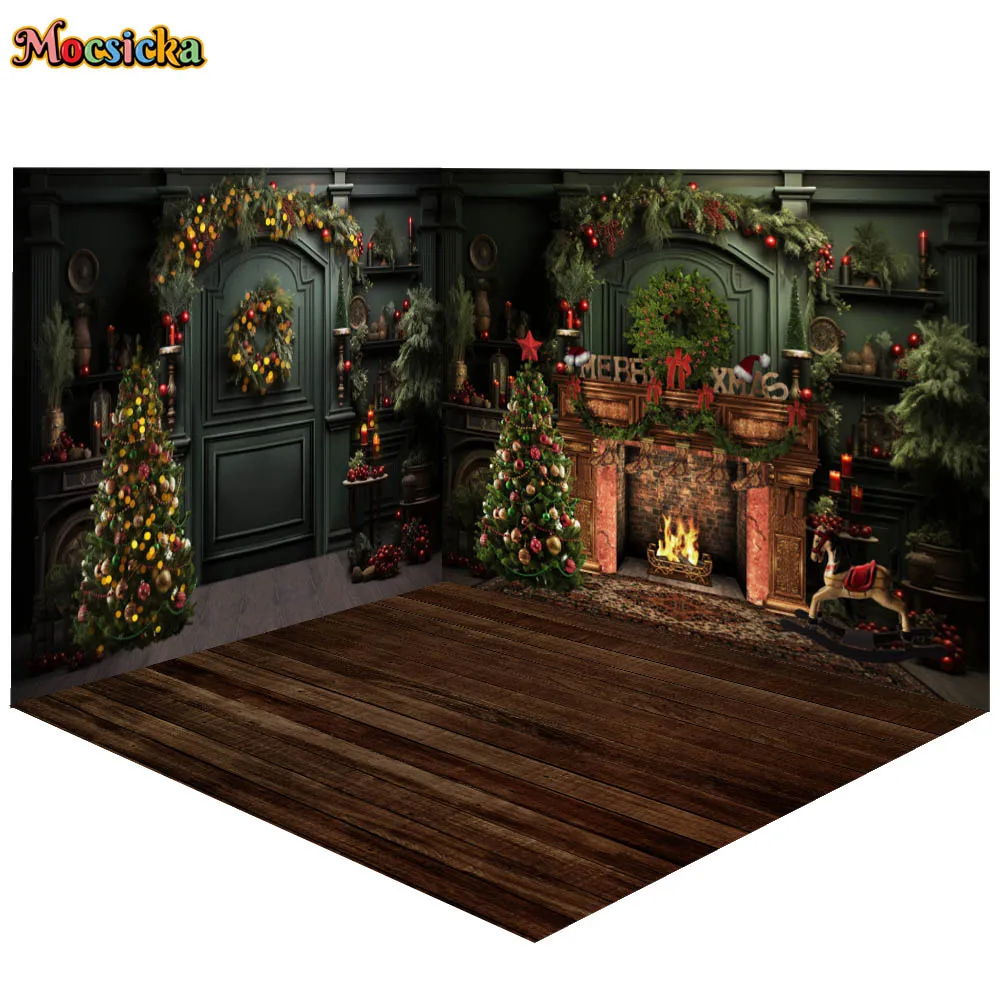 3D Christmas Room Photography Background Vintage Dark Green Fireplace Xmas Tree Props Kids Family Portrait Backdrop Photo Studio