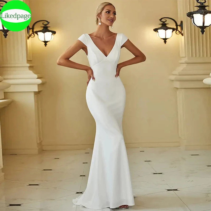 

Luxury Wedding Dresses Deep V Neck Cover Sleeves Backless 2024 of Fishtail Chiffon Lace Wedding Dresses