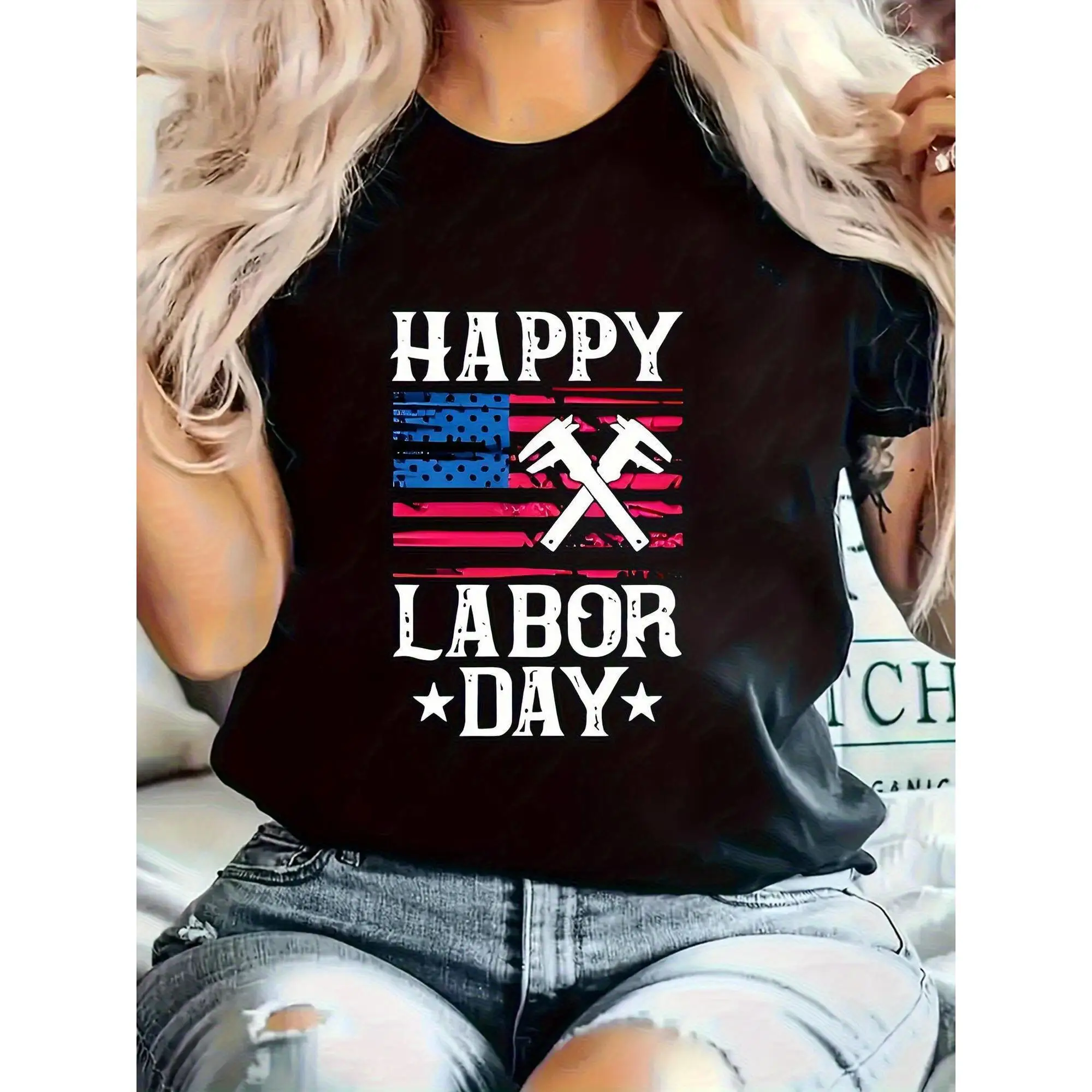 

Happy Labor Day T-Shirt American Flag Tools Print Tee Cotton Short Sleeve Top US Labor Day Celebration Gift Worker Tribute