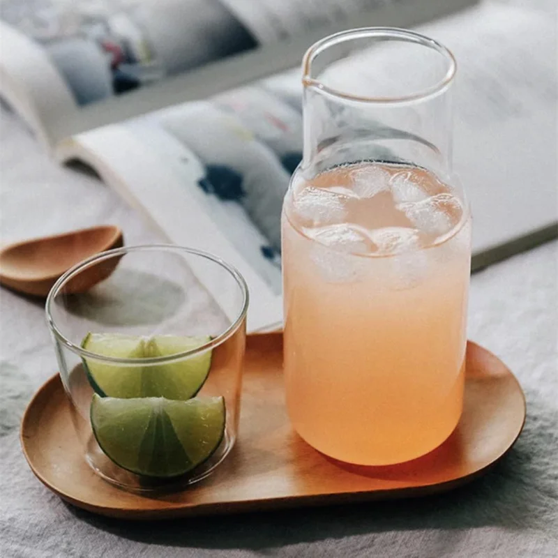 Glass Teacup Set 500ml Simple Heat-resistant Drinking Juice Cup With Tea Pitcher Drinkware Transparent Candy Color Glass Teacup