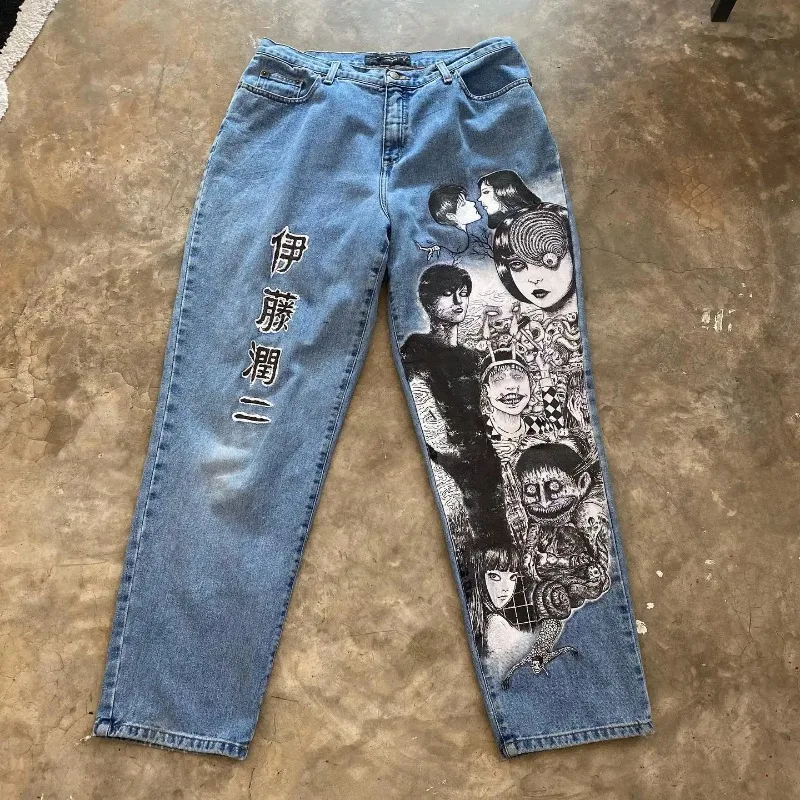 Pantalones vaqueros Retro con estampado de patrón de personalidad, Jeans de pierna ancha, cintura alta, negro, animación japonesa, Hip Hop, Y2K, nuevo, 2024