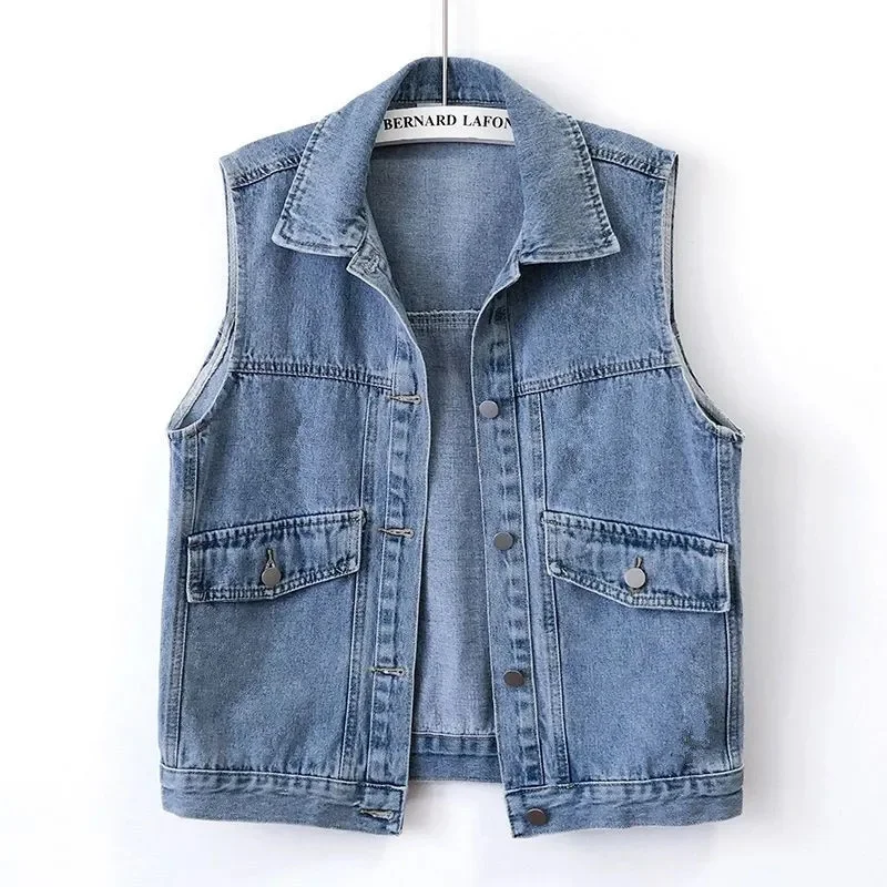 2024 Short Denim Vest Jackets Women Spring Autumn Pocket Jean Waistcoat Sleeveless Tank Schoolgirl Outerwear Casual Tops