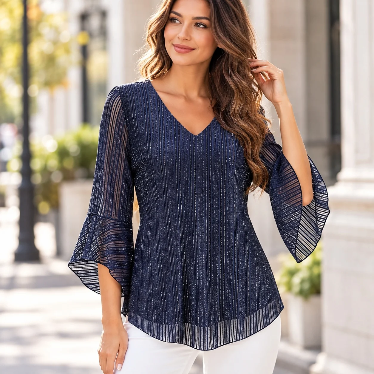 V Neck Bell Sleeve Shirts Loose Fit Elegant with Bell Sleeve Blouse No Pattern Commuter Chic Winter Regular Length Women Shirts