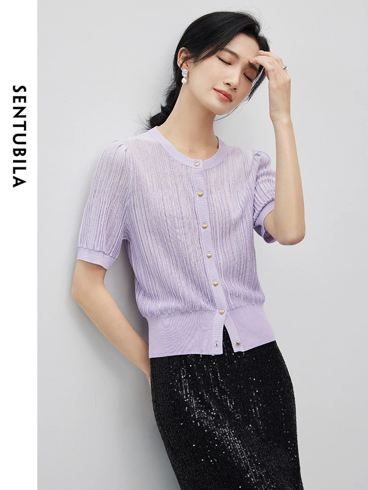 SENTUBILA Purple Hollow Out Knitted Cardigan 2024 Summer Comfort Round Neck Soft Short Sleeve Knit Tops for Women W42H55058