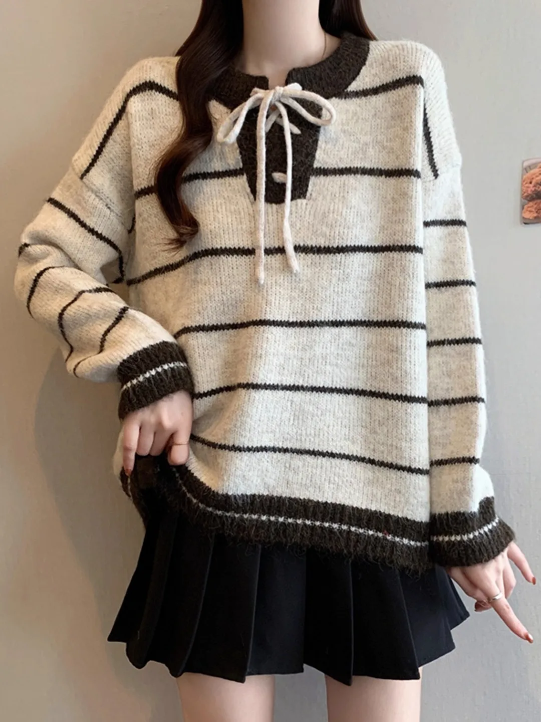 

Women's Stripe Tie Knit Sweater Thiened Loose Lazy Sle Color Blo Autumn Winter New Arrival Warm Knitted Top