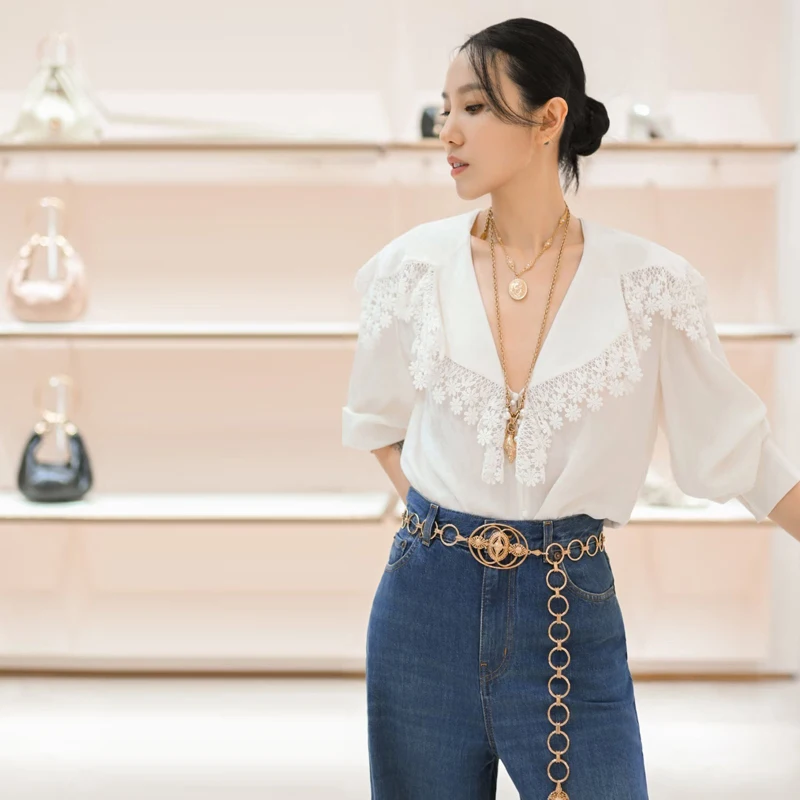 

Ele Long Sve Silk irt Embroidered Lace High Collar Vintage Fene Series Women's French Sle Straight Cut irt