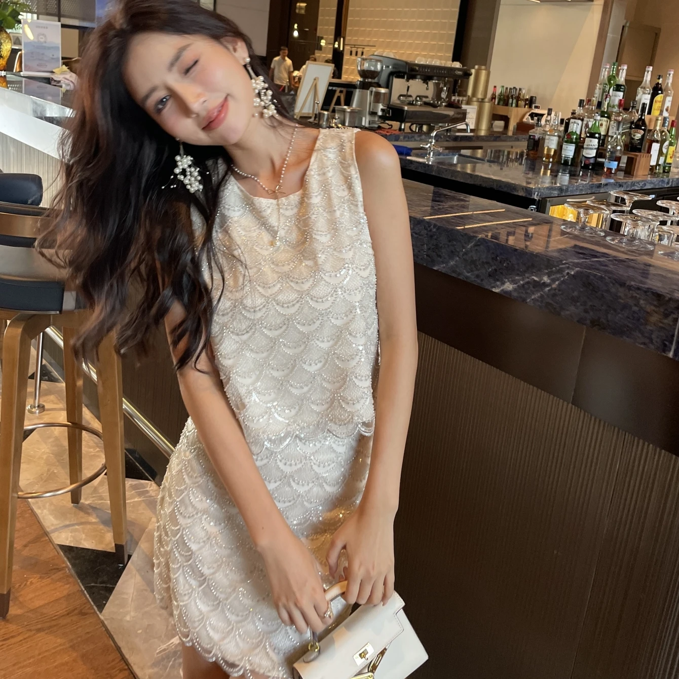 Shiny Sequin Fish Scale Half Skirt Bodycon Skirt Heavy Embroidery 3D Effect White Moonlight Mermaid Series A-Line  Skirt