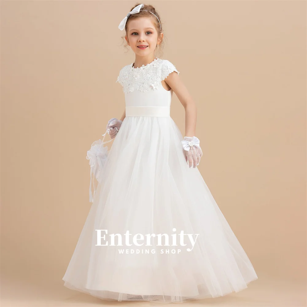 Ball-Gown Girls Dresses Beautiful Bridesmaid Kids Short Sleeve Satin Tulle Beading Scoop Neck Princess Boho Wedding Dresses