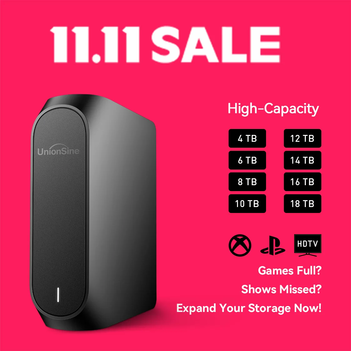 

Внешний жесткий диск UnionSine 3.5" 8/12/16 ТБ с высокой скоростью вращения 7200 об/мин - Массовое хранилище для видеомонтажа, хранения игр для PS5/Xbox и записи 4K ТВ