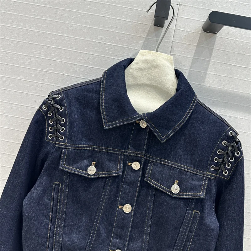 Women\'s denim jacket 2024 autumn new outerwears Fashion splicing Women\'s coats Lace up decoration pure cotton long sleeved top