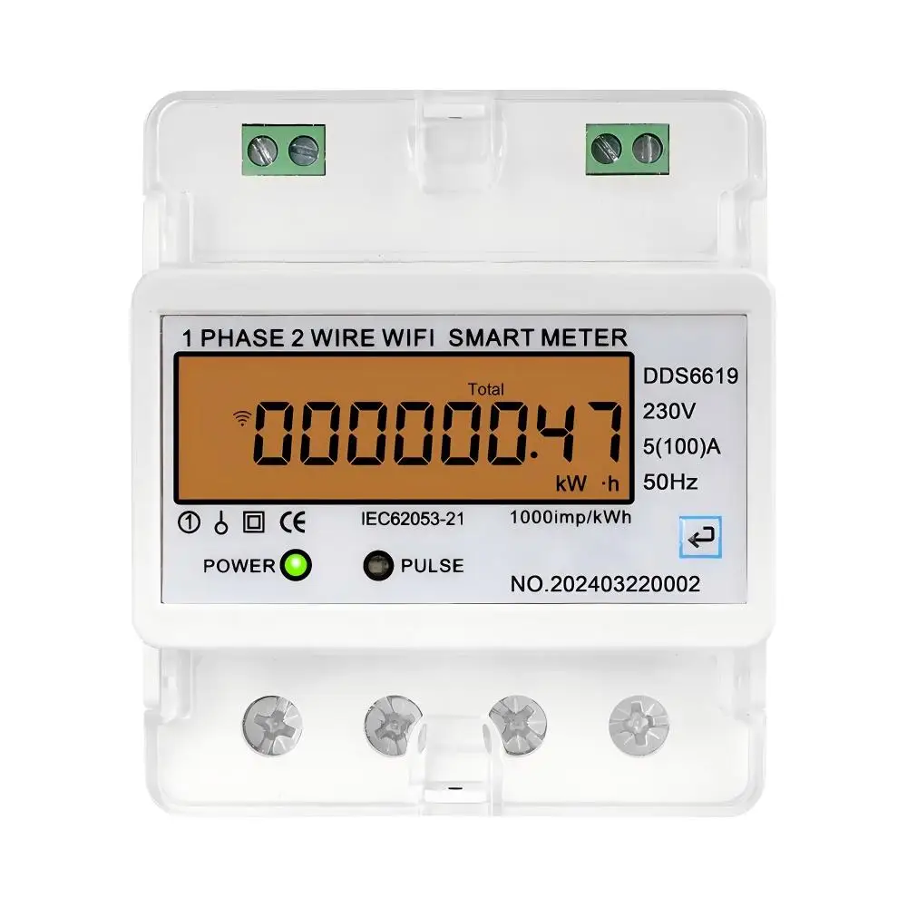 WiFi Smart Single Phase Energy Meter Tuya APP Remote Voltage Current Power Factor Frequency 5(80)A/5(100)A DIN Rail KWh Counter