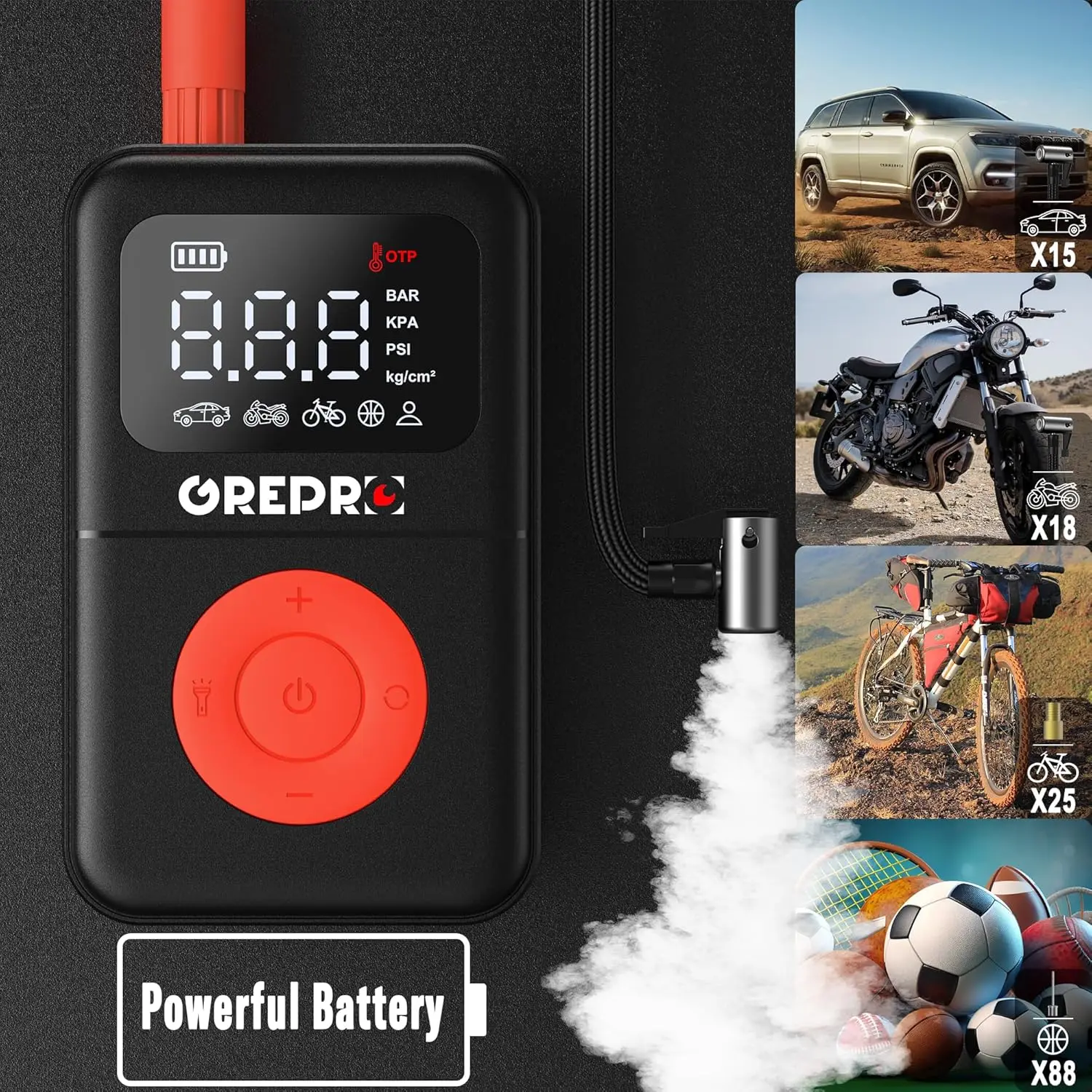 Portable Tire Inflator 160 PSI Air Compressor with Digital Gauge, LED Light & Adapters for Car, Motorcycle, Bike
