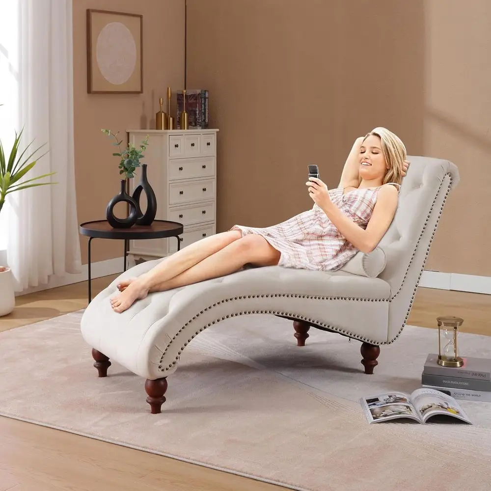 Velvet Chaise Lounge with Nailhead Trim, Button-Tufted Arms, Lumbar Pillow, Acrylic Legs for Living Room or Bedroom (Beige)