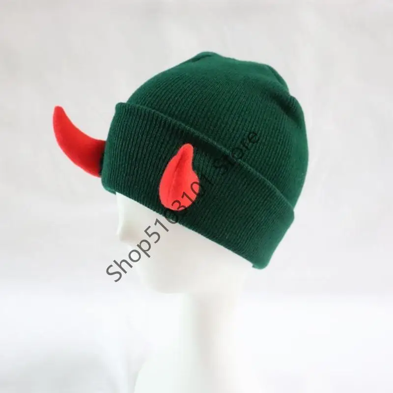 X6HE Cappello a cuffia per festa Halloween Copricapo per festival per cappello in maglia con corno da diavolo per adulti