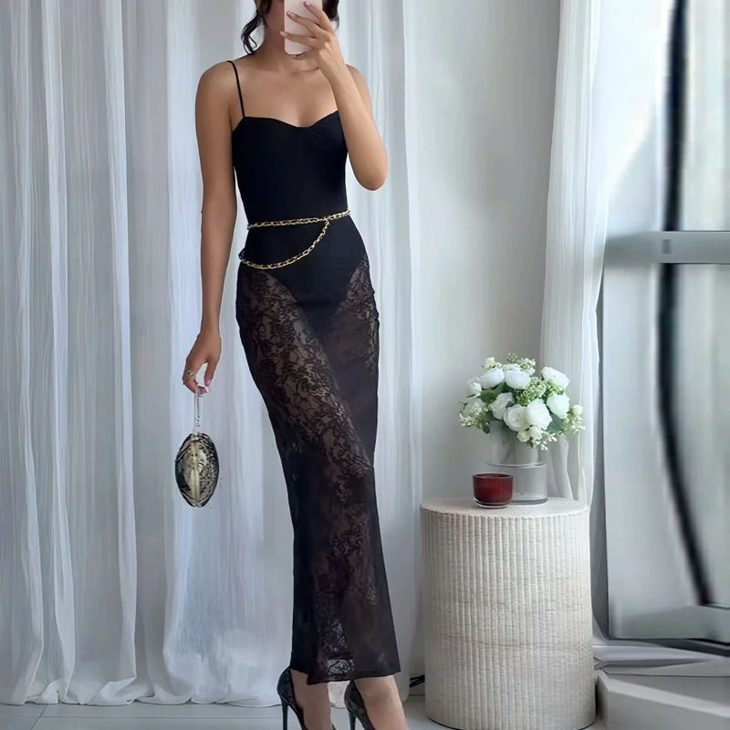 HXAO Abito da donna in pizzo Slip Abiti da festa lunghi Senza maniche Corsetto in tulle Abito nero Abiti eleganti sexy semi trasparenti senza schienale