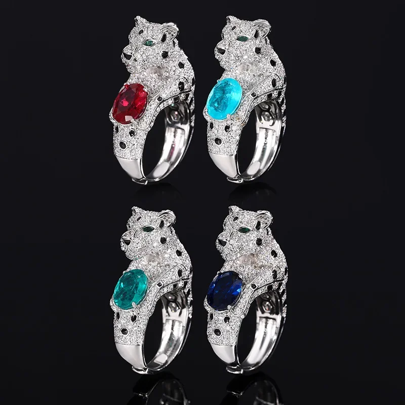 Fashion Finesse Claw Setting Blue Red Crystal Leopard Adjustable Ring 5A Classic Cubic Zirconia Women Jewelry Affordable Luxury