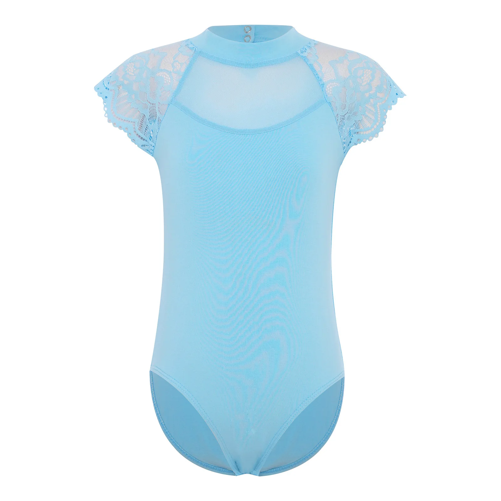 

Children Girls Ballet Leotard with Lace Cap Sleeves Sheer Mesh Cutouts Gymnastics Yoga Bodysuit for Dance Class And Performance