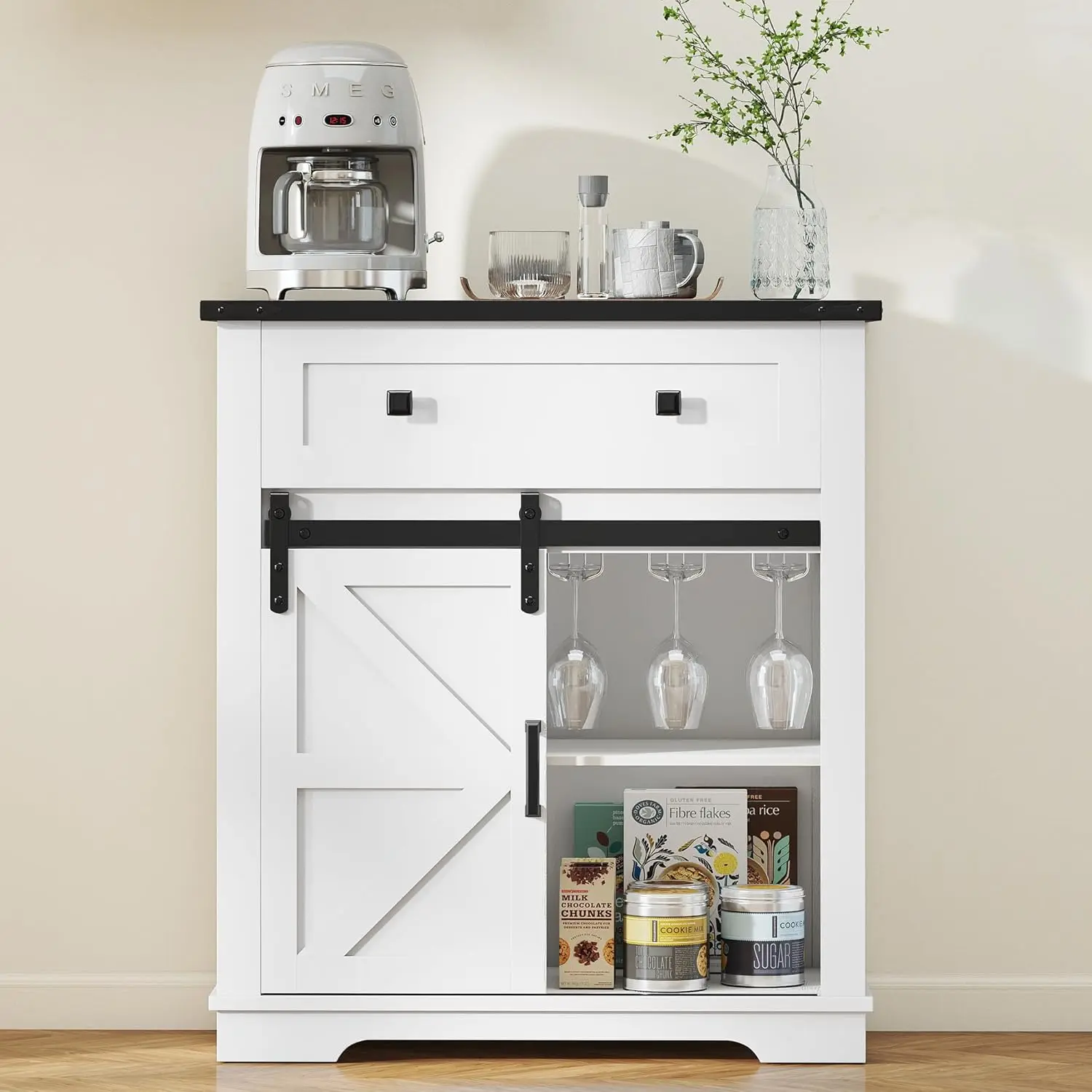 

Coffee Bar Cabinet, Farmhouse Sideboard Buffet Cabinets with Storage, Wine Glass Rack, Sliding Barn Door, Buffet, Customized