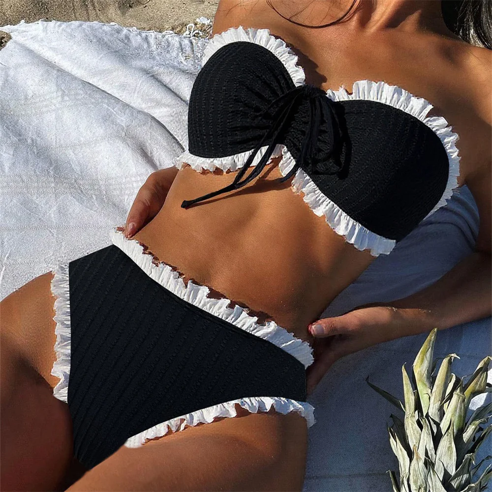 Sexy Black Bandeau Swimsuit with White Ruched Border Bikini High Waist Ribbed Swimwear Women Vacation Beach Outfit Bathing Suits
