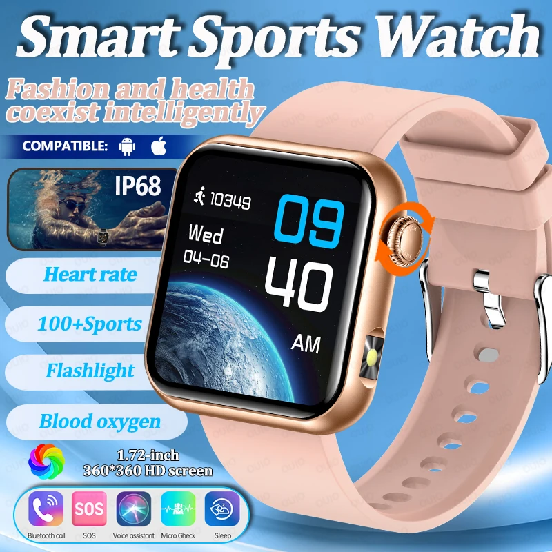 

Новинка 2025 года, IP68, водонепроницаемые спортивные умные часы, 1,72 дюйма, HD-экран, 5,4, Bluetooth-фонарик для вызова, мониторинг сердечного ритма, здоровья, умные часы