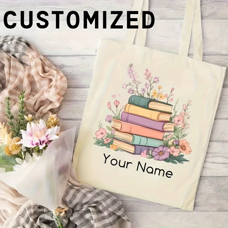 Customized Books and Floral Tote Bags Fashion Personalized with Names Text Made of Durable Large Perfect Gifts for Shopping