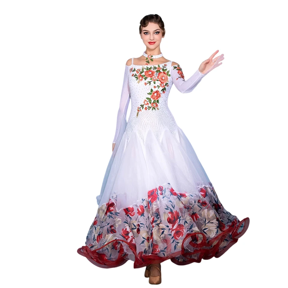 Frauen Modern Dance Strass Farbvielfalt Rot Blumen Kleid Ballsaal National Standard Walzer Wettbewerb Leistung