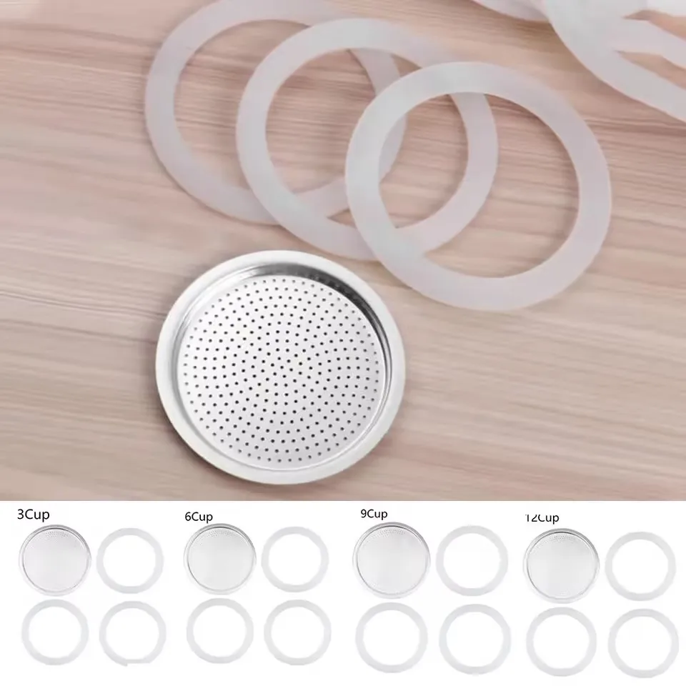 1 Set, 3pcs Silicone Gaskets and 1pc Aluminum Filter Moka Pot Coffee Bottle Replacement Compatible with 3/6/9/12 Cup Moka Expres