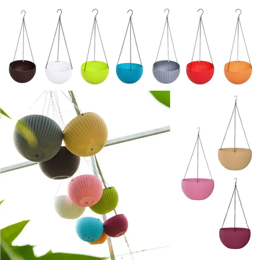 سلة سلسلة بلاستيكية مستديرة معلقة زارع معلق الزهور والنباتات، وعاء ديكور زارع معلق مع علبة سقي