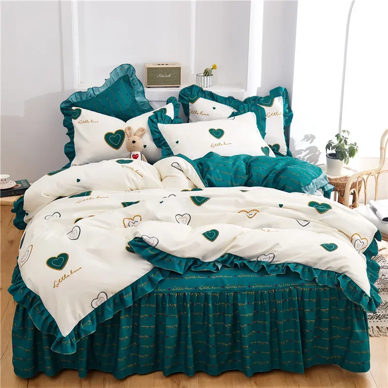 Korean Princess Style Bed Skirt Bedding Set Luxury Couple Bed Linen Duvet Cover Sheets Cute Bedspread Double BedSheets Comforter