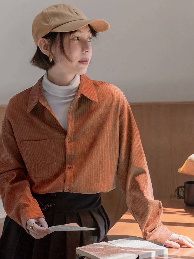 

Thickened Corduroy Stripe Base Shirt Women's Autumn Winter New Style Early Spring Collar Inner Wear Layering Shirt