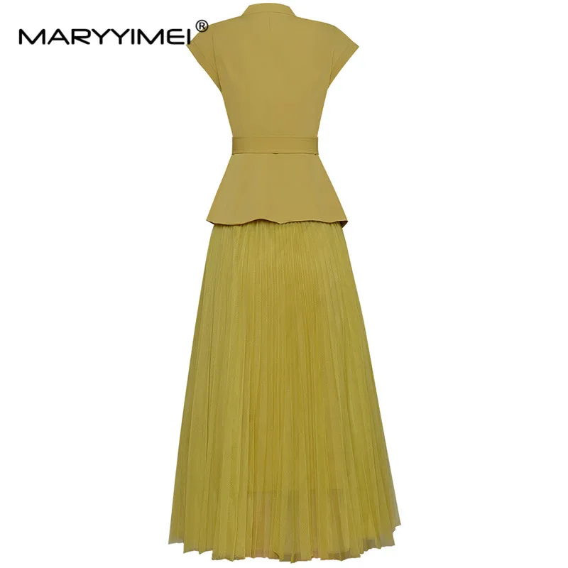 MARYYIMEI Fashion Designer Set Summer Women Stand collar Single-breasted Slim Top+Elasticity A-line mesh Skirts 2 Pieces Suit