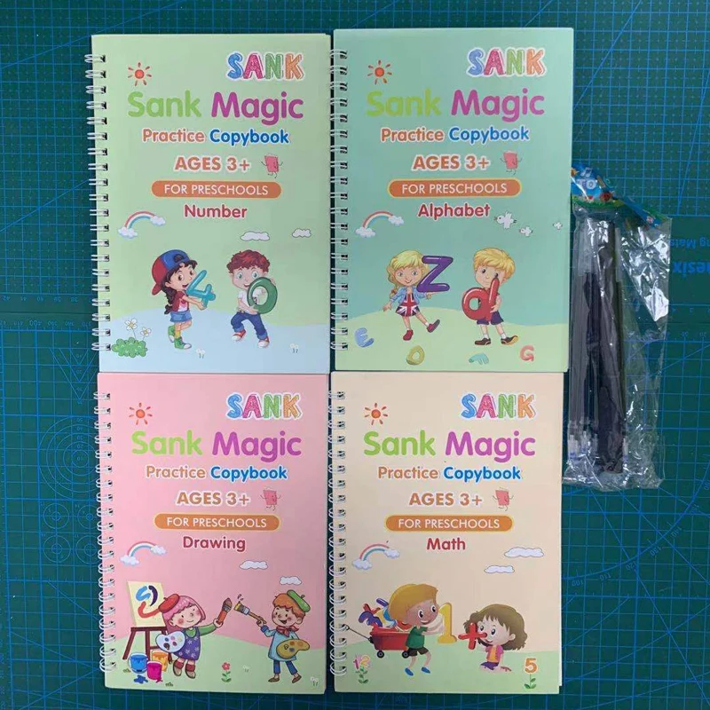 

4 книги Sank Magic, новая тетрадь, многоразовая тетрадь для практики письма, каллиграфия, не требующая вытирания, для раннего обучения на английском языке