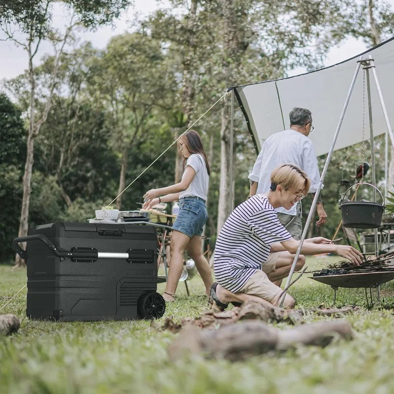 Portable 12v Electric Cooler with Compressor, Fridge and Freezer, Rugged Wheels, and Solar Power Input