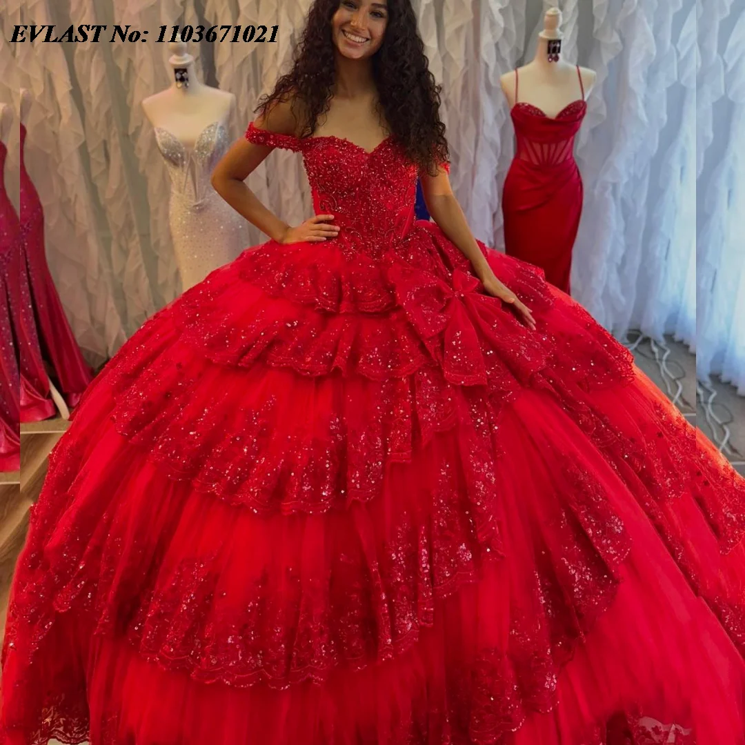 Очаровательное Красное Бальное Платье EVLAST для Quinceanera, блестящее кружевное платье с аппликацией, милый корсет 16, платья для 15 лет SQ744