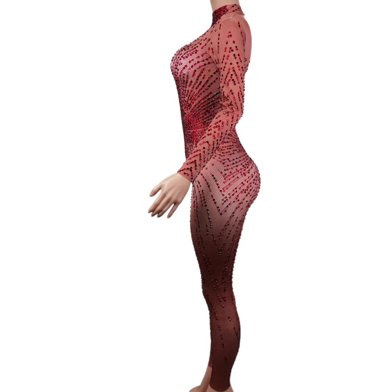 Sparkle Red Diamond Bodysuits Women Bodycon Long Sleeve Leotards V-neck Stage Costumes Ladies Sexy Rhinestone One Piece Jumpsuit